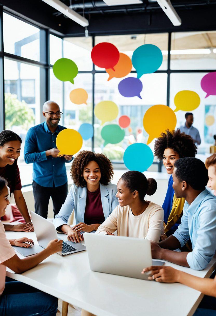 A diverse group of people gathered in a community space using various multimedia tools, like laptops and tablets, engaging in vibrant discussions and collaborative projects. Include elements like colorful speech bubbles and multimedia screens displaying digital content, while depicting a cheerful, interactive atmosphere that showcases effective networking and interaction. super-realistic. vibrant colors. white background.