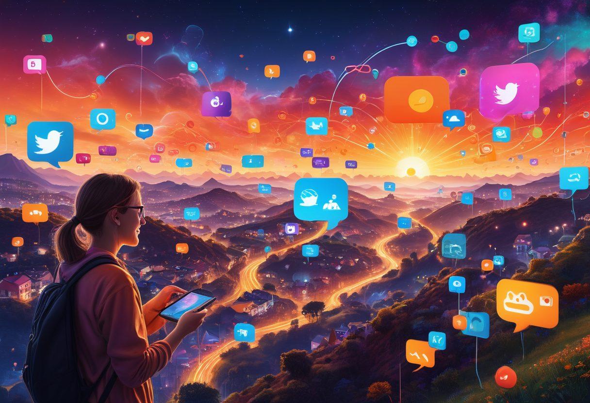 A lively digital landscape showcasing diverse individuals engaging joyfully through various online platforms, with glowing screens illuminating their faces and colorful chat bubbles swirling around. Integrate elements of social media icons, vibrant emojis, and dynamic communication flows to represent transformation and connection. The background should feature a bright sky transitioning from day to night, symbolizing seamless connectivity over time. super-realistic. vibrant colors. 3D.