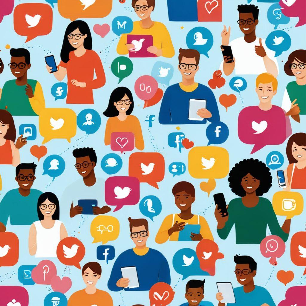 An illustration of diverse individuals connecting joyfully through digital devices, surrounded by bright, colorful icons representing various social media platforms and communication tools. The scene captures an uplifting atmosphere with smiling faces and engaging interactions, symbolizing a cheerful online presence. Use vibrant colors to enhance the feeling of joy and connection. playful cartoon style. vibrant colors. white background.